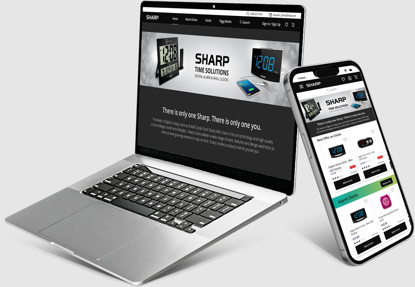 Sharp website on laptop and phone